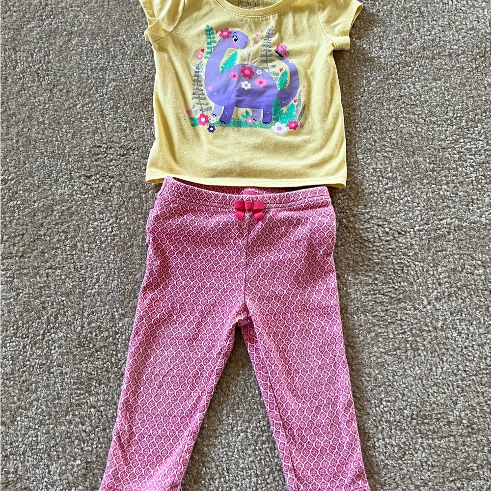 The Children's Place Yellow Short-Sleeve Dino Top with Pink Patterned Pants
